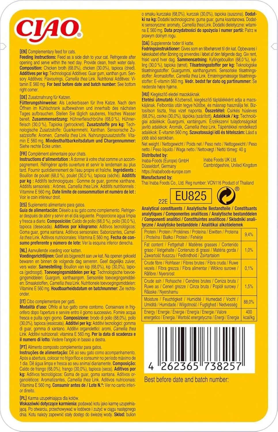 INABA Ciao Broth Mokré krmivo pro kočky 88% vlhkost a vitamín E, prémiová polévka pro kočky s kuřecím masem 40g (balení 12 ks), 100% přírodní maso, bez obilovin, bez cukru