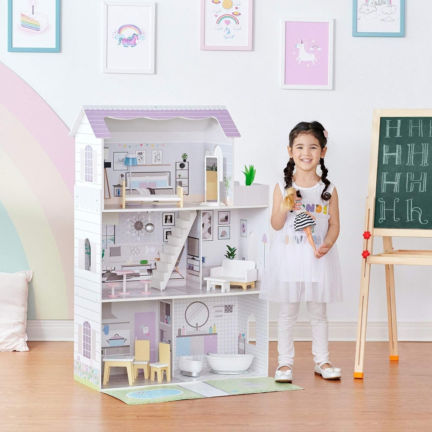 Obří domeček pro panenky Teamson Kids Olivia's Little World se 16 doplňky pro panenky, dřevěný domeček pro panenky s nábytkem, 3patrový, 30 cm domeček pro panenky pro děti, věk 3+