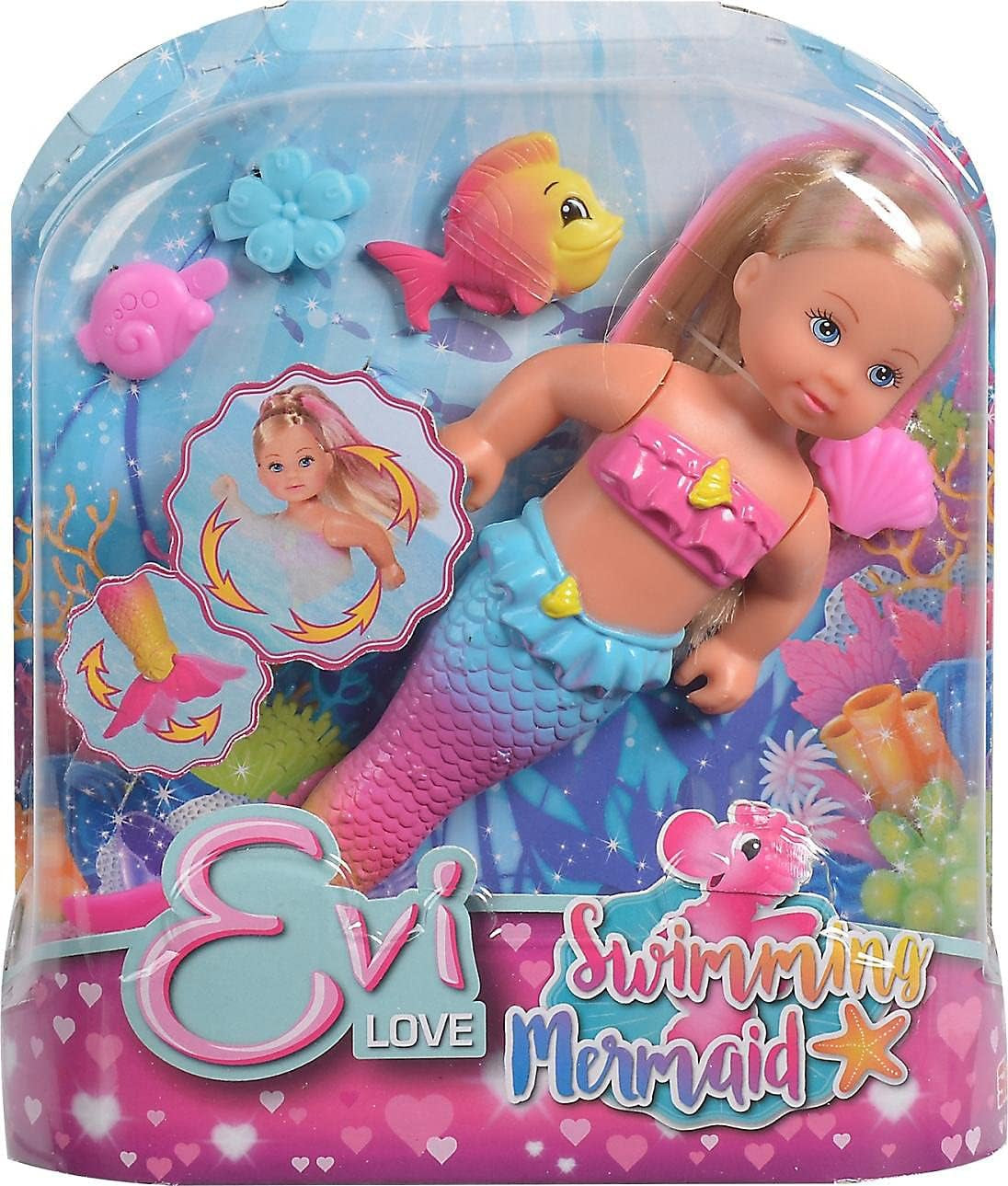 Simba 105733318 - Evi miluje plavání mořská panna, Evi jako mořská panna, Umí správně plavat, S postavičkou rybičky, Oblékací panenku, 12cm, Pro děti od 3 let Panenky Naty Shop
