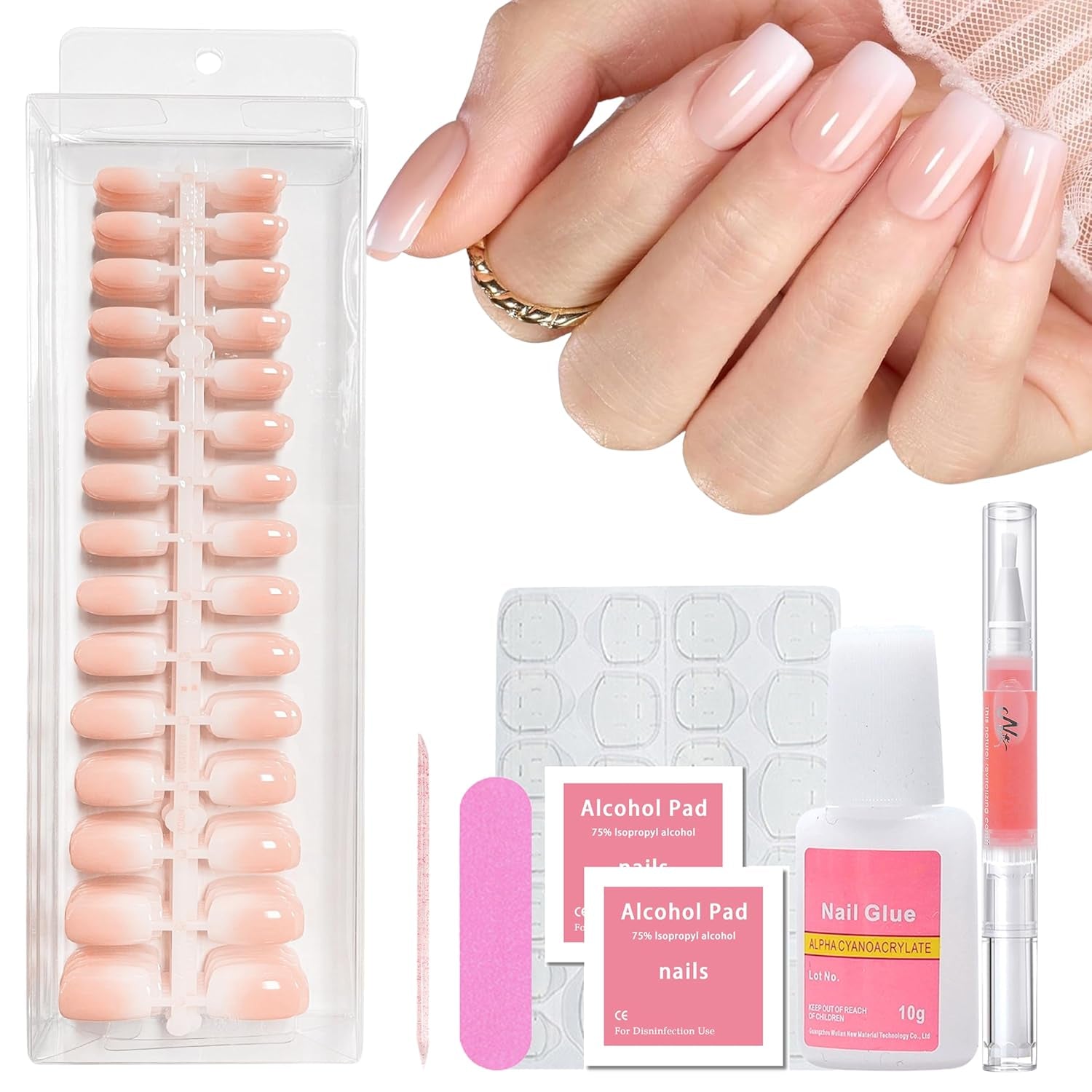 240ks Gradient Square Nails Set, Nude White Gradient Artificial Nails for Oil Pen Lepidlo, Medium Ombre Natural Falešné nehty pro ženy DIY (Nude Square)