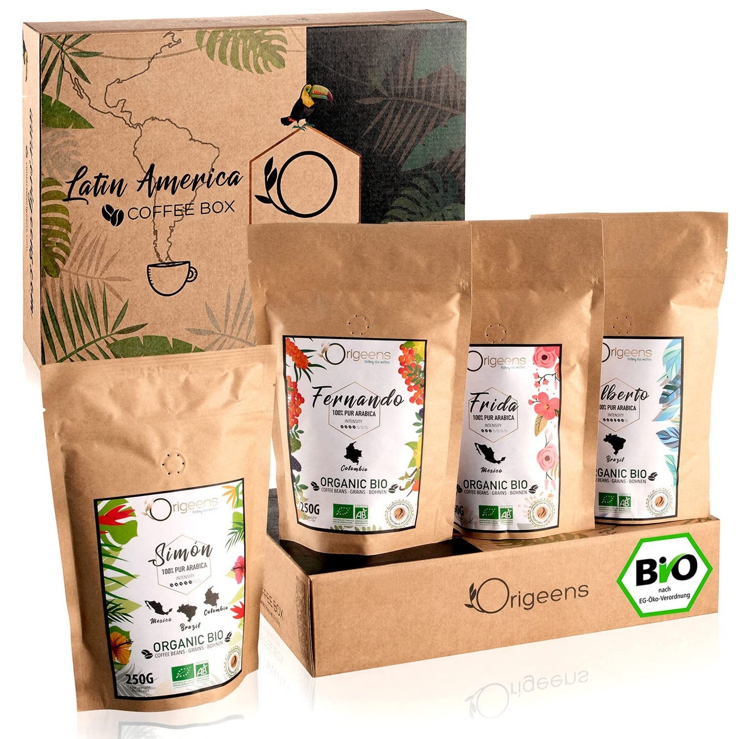 ORIGEENS Bio Kaffeebohnen Probierset 1kg | Premium Bio Arabica Kaffee Ganze Bohnen Set 4x250g | Tradiční Röstung | Kaffee Geschenkset
