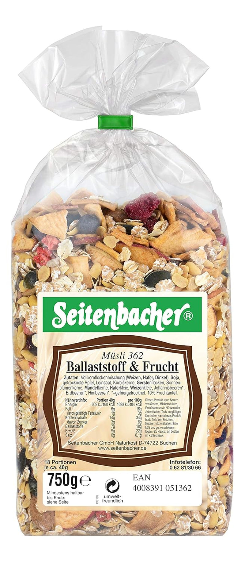Seitenbacher Müsli Ballaststoff Und Frucht I Ohne Zugesetzten Zucker I Ohne Zugesetztes Fett I (1 X 750 G) Cereálie Naty Shop 1