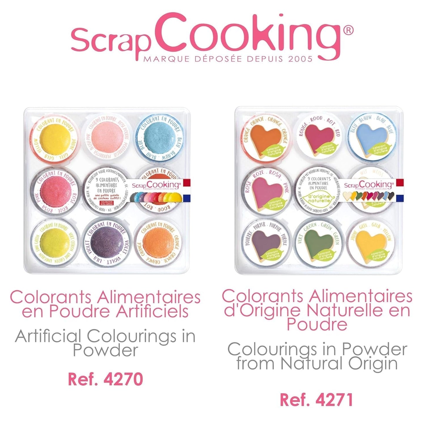 Scrapcooking - Sada 9 práškových potravinářských barviv - Modrá, Žlutá, Růžová, Fialová, Oranžová, Limetkově zelená, Červená, Pudrově růžová, Černá - Jedlé barvivo v prášku na dorty, muffiny, macarony - 4270