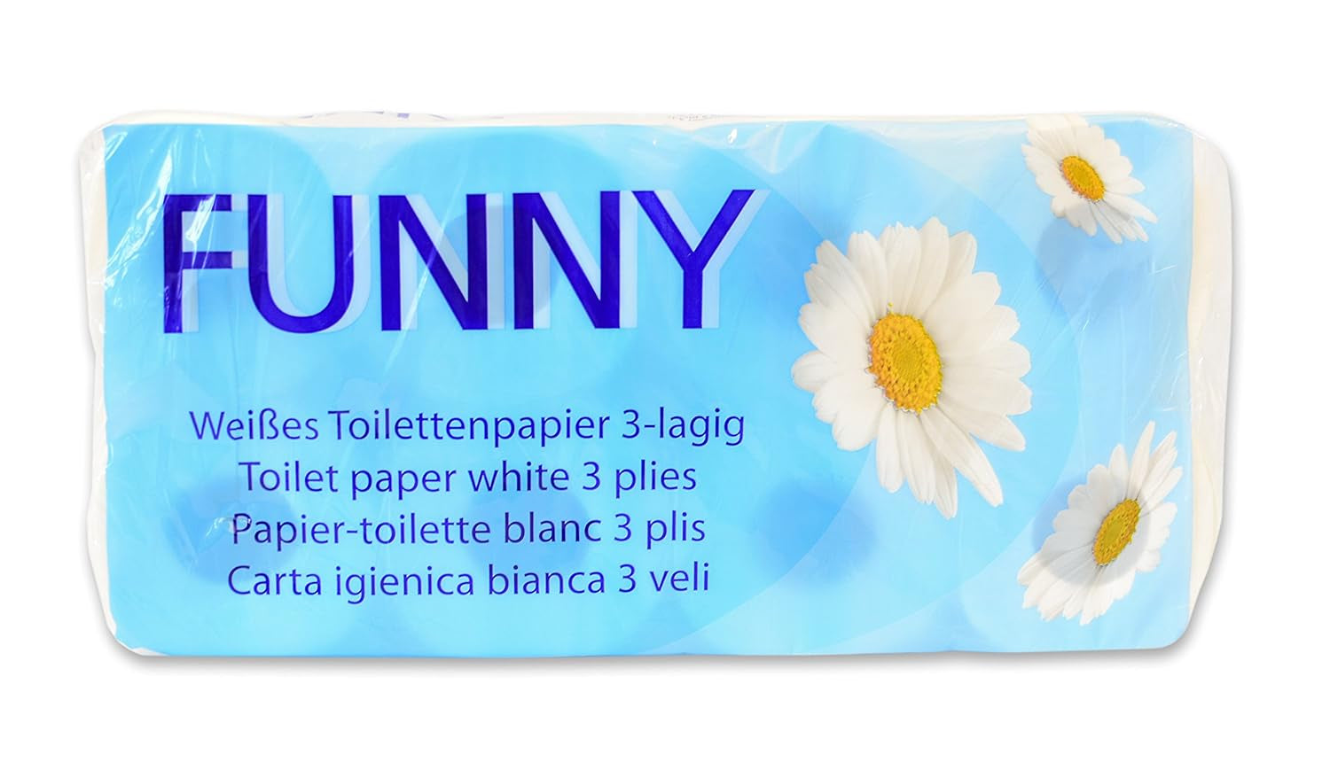 Funny toaletní papír AG-014, 3 vrstvy, 250 listů, 9,5 cm x 11 cm, bílý, jedno balení po 8 rolích