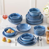 Steingut Geschirrset 6 Personen, vancasso ANYA Blau Teller Set Moderní 24 teilig, Tafelservice mit Speiseteller, Suppenteller, Desserttellern, Schüsseln, Geschirr Set Spülmaschinen und Mikrowellenfest