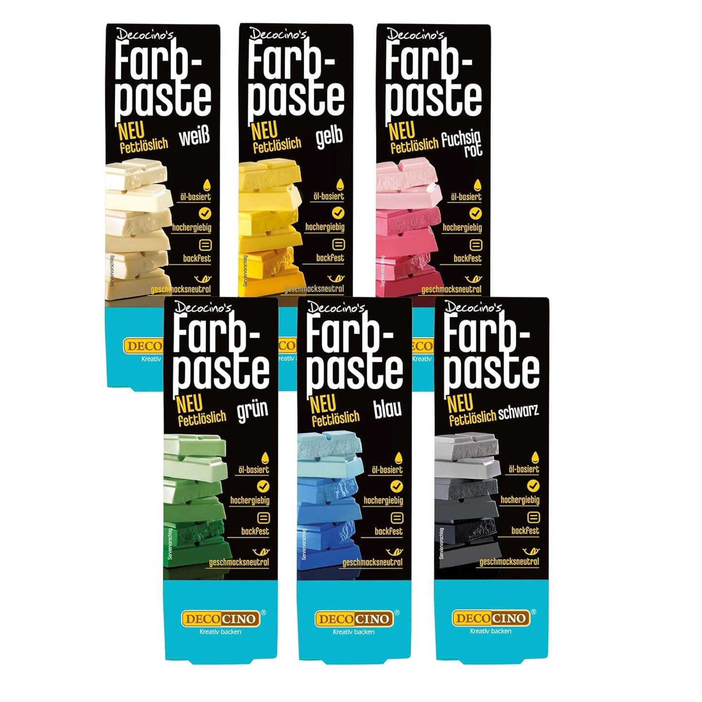Decocino Barvicí pasta rozpustná v tucích Sada 6 - 6 x 15 g - Potravinářské barvivo červené, bílé, zelené, žluté, modré a černé, ideální pro barvení dortů, fondánu a krémů - Bez azo a lepku