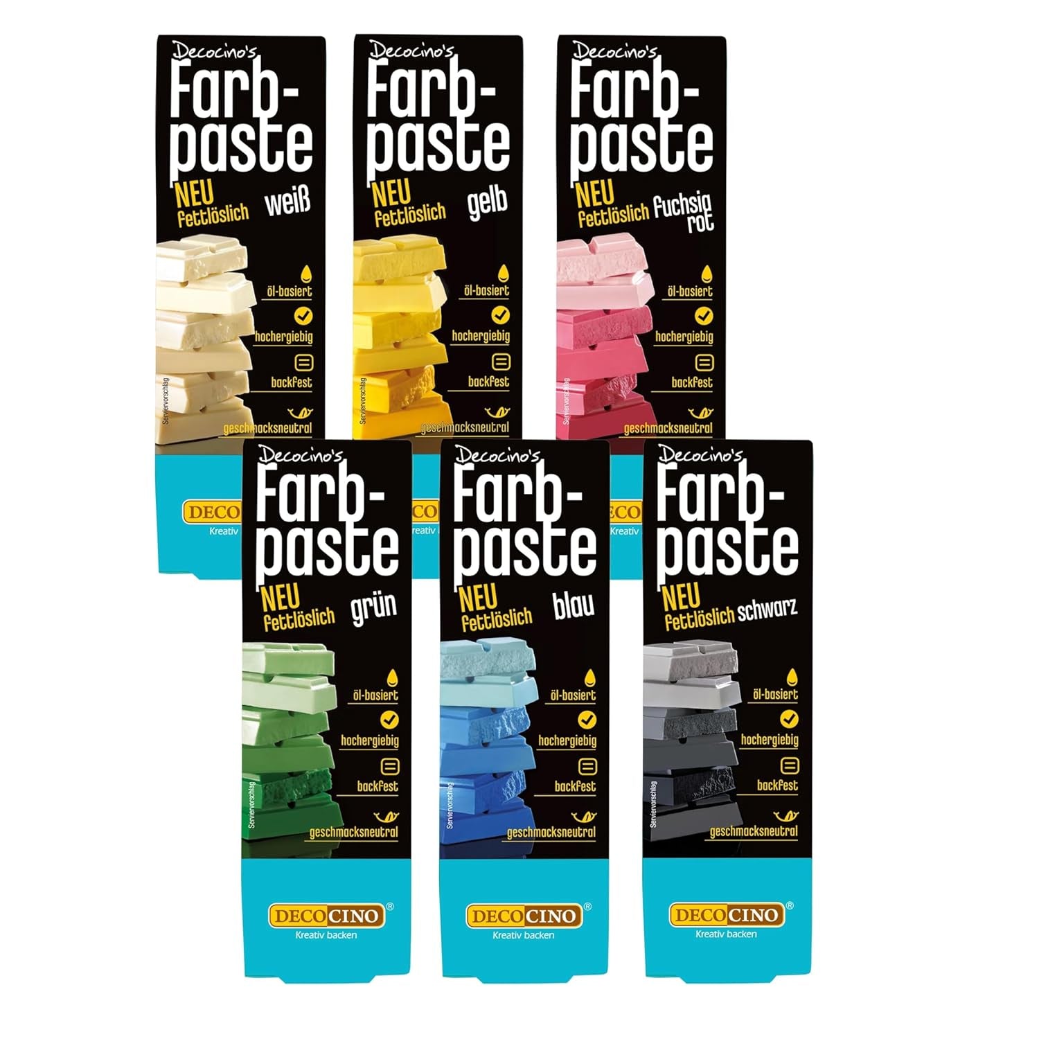 Decocino Barvicí pasta rozpustná v tucích Sada 6 - 6 x 15 g - Potravinářské barvivo červené, bílé, zelené, žluté, modré a černé, ideální pro barvení dortů, fondánu a krémů - Bez azo a lepku