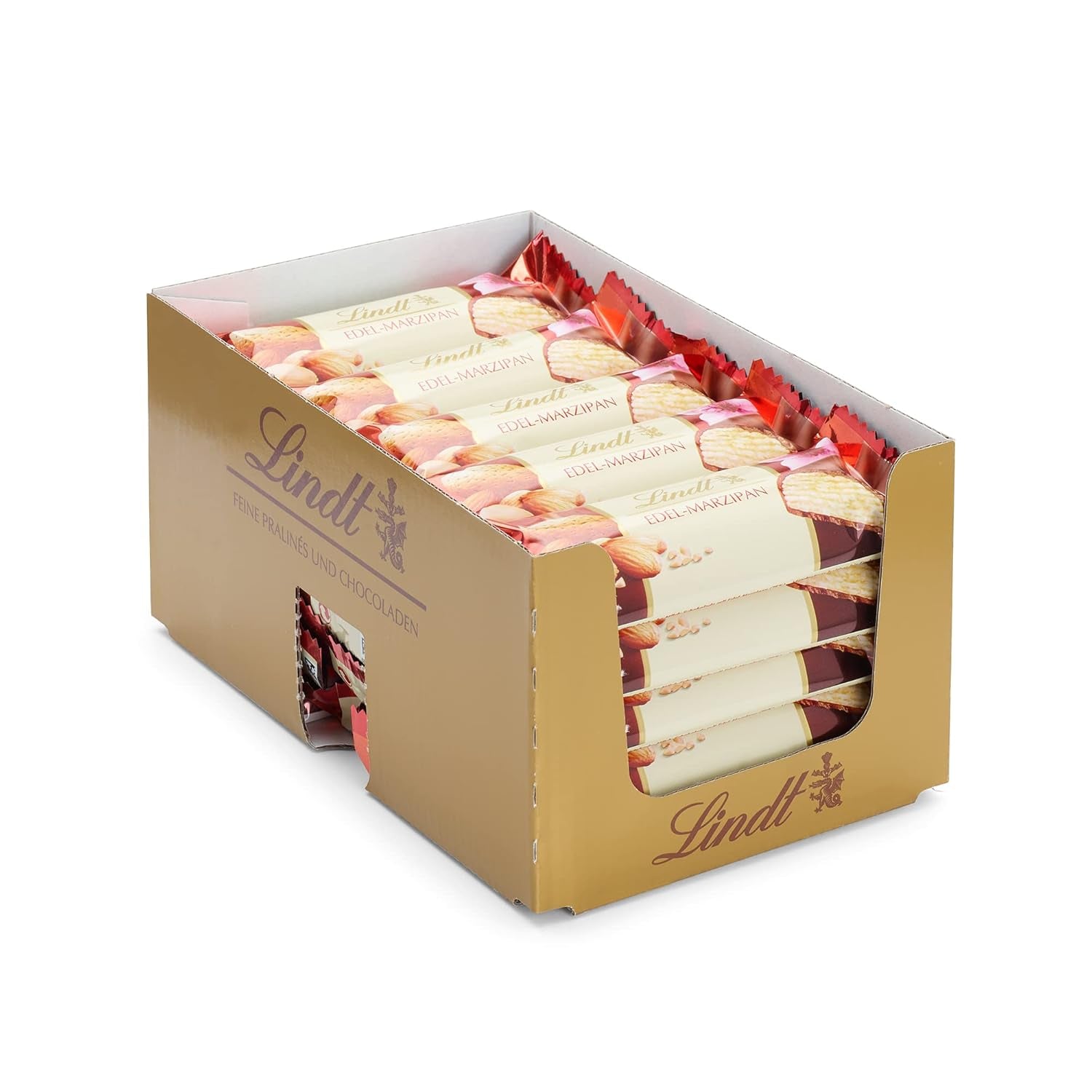 Lindor Čokoláda Top Prezentace | 1718 g a čokoládové tyčinky s marcipánem | 25 barů x 50 g v počítadle | 1250 g | Čistý marcipán potažený hořkou čokoládou | Čokoládové tyčinky