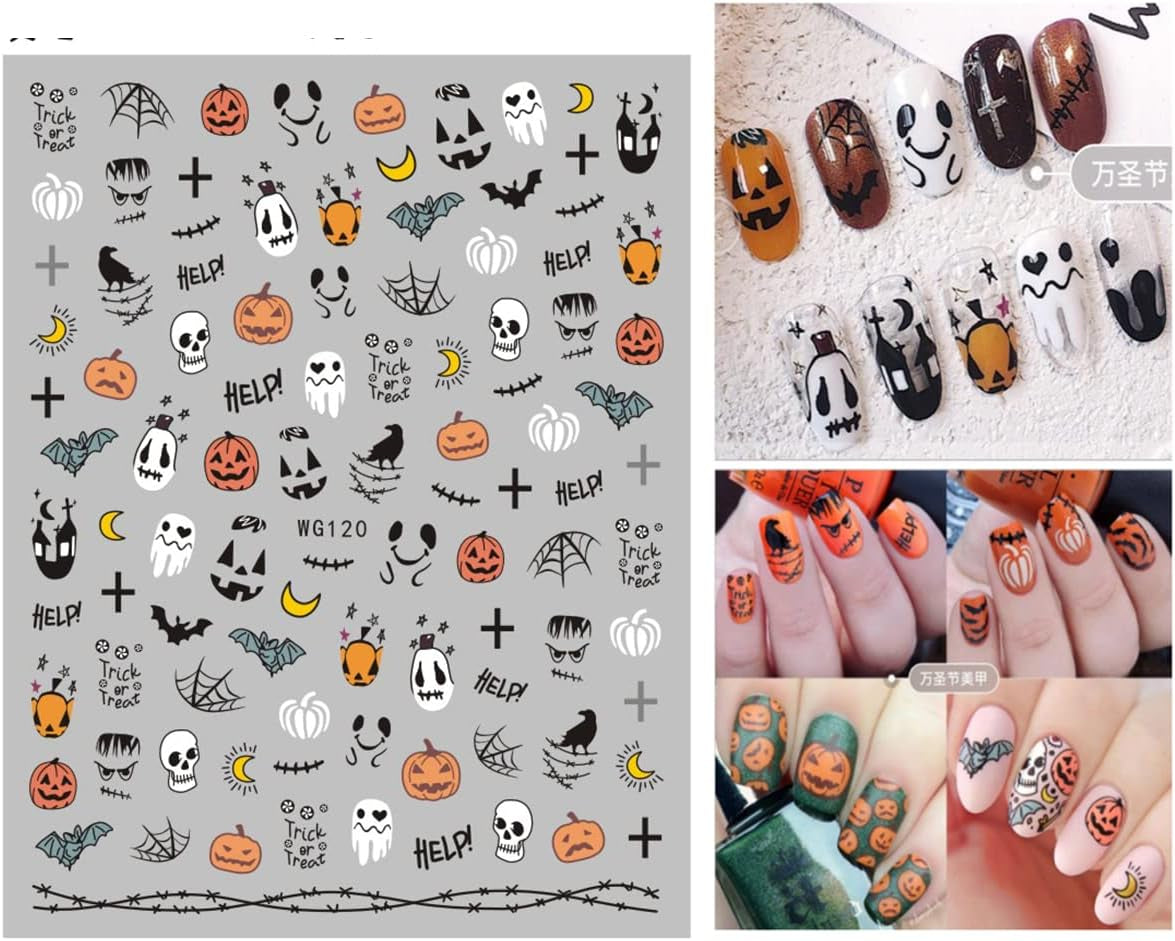 8 Blatt Nagelsticker Halloween Nagelaufkleber Selbstklebend Niedliches Kürbis-Schädel-Spinnennetz Niedlichen Kinder Geist Nail Art Samolepka Dekoration Nageldesign Zubehör