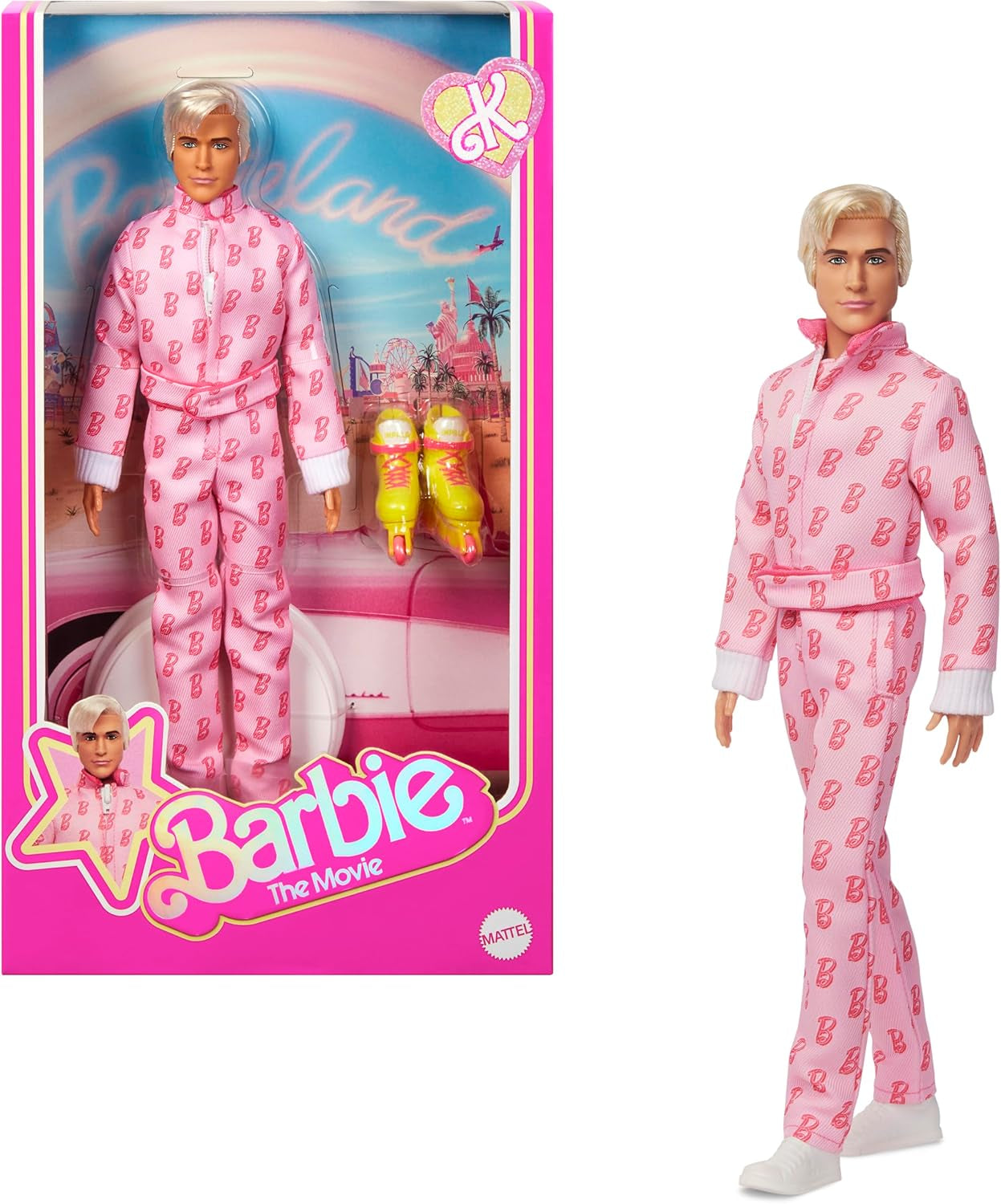 Barbie The Movie - Ken-Sammelpuppe, Ryan Gosling a Ken v růžově obarvené kombinéze s "B"-Aufdruck, bílými teniskami a barevnými bruslemi, JCP80