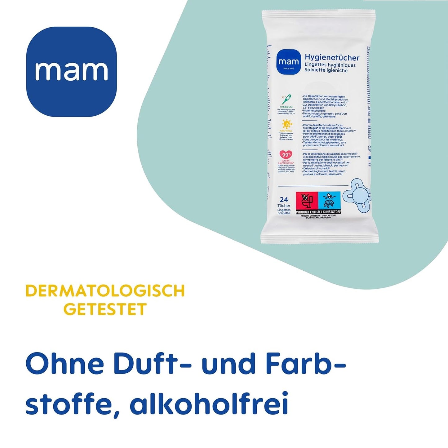 MAM hygienické ubrousky 3-balení (3 x 24 kusů), čisticí ubrousky na zdravotnické prostředky a dětské doplňky, antibakteriální a virově účinné hygienické ubrousky