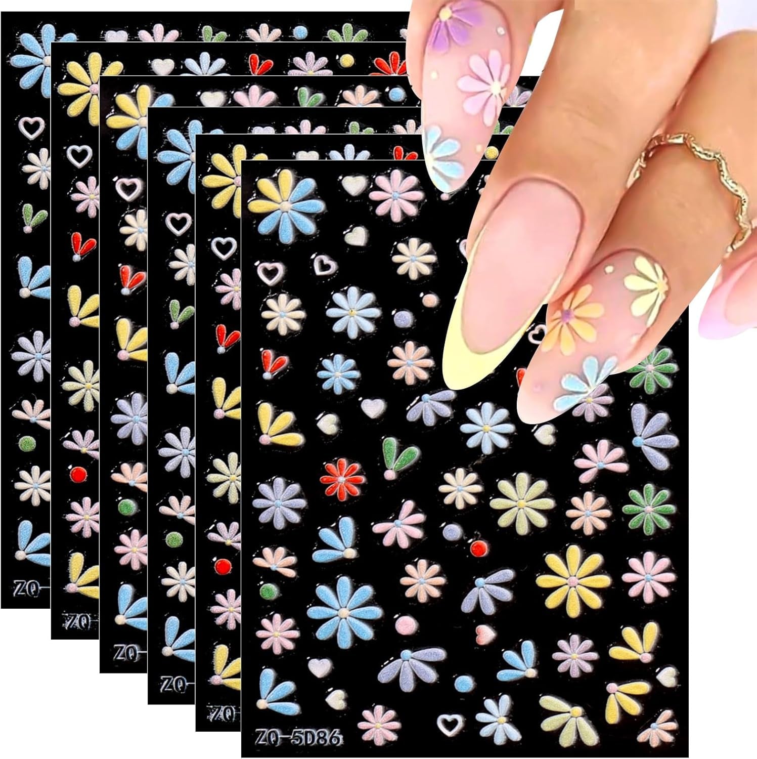JMEOWIO 3D Nálepka na nehty Frühling Blumen 5 Blatt Nagelaufkleber 5D Stereoskopické Selbtklebend Bunte Blüte Nálepka na nehty Dekoration Nageldesign Zubehör