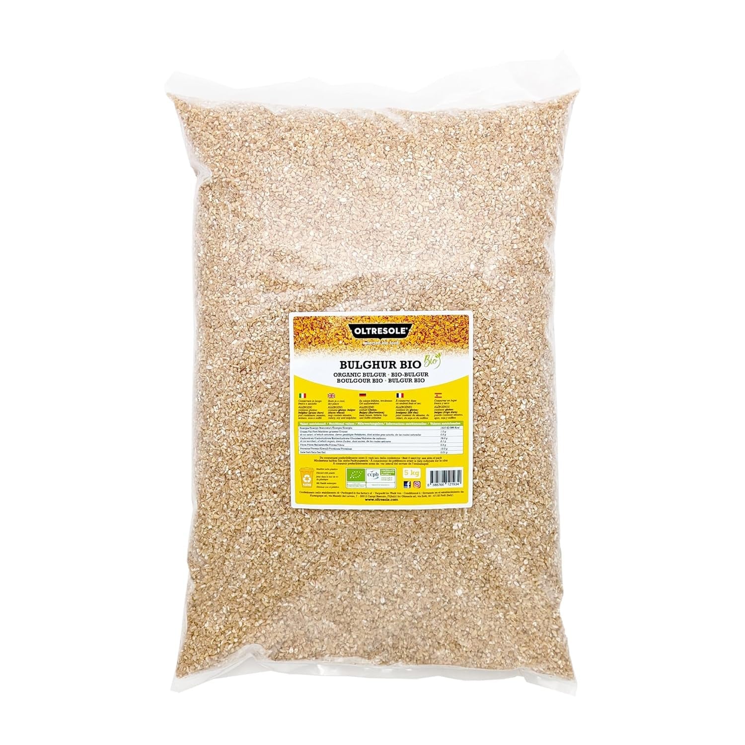 Bio italský bulgur 5 kg, celozrnná pšenice, tvrdá pšenice, drcená pšenice, ideální pro přípravu tabbouleh a orientálních jídel, praktický formát