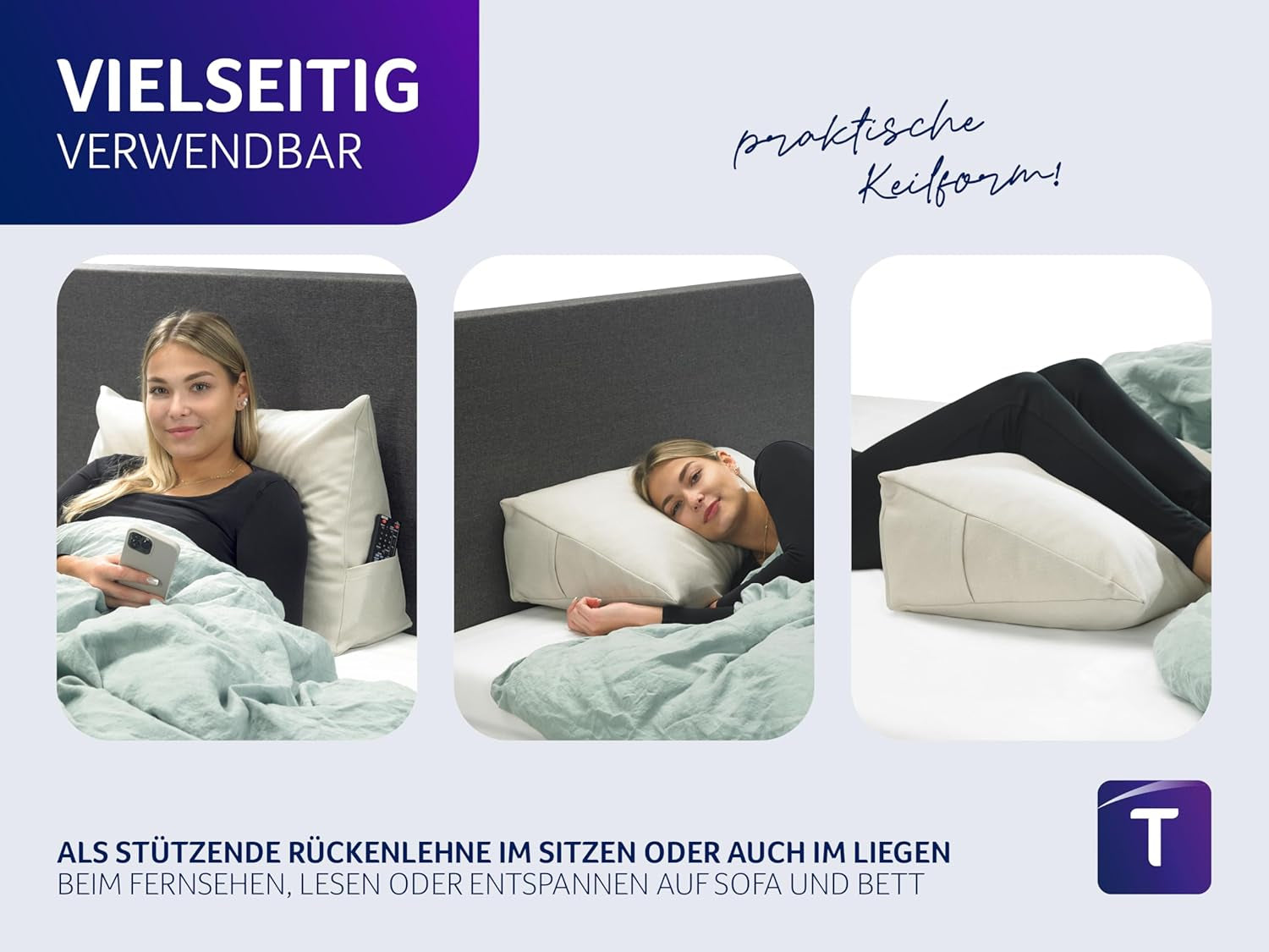 Polštář Traumnacht Cozy Back, polštář na čtení, 70 x 40 cm béžový, snímatelný a pratelný potah ze 100% polyesteru, praktická boční kapsa, certifikováno Oeko-Tex, vyrobeno podle německých norem kvality