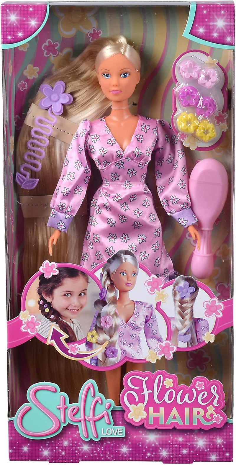 Simba 105733640 - Steffi Love Flower Hair, panenka s extra dlouhými vlasy, obsahuje 6 spon, doplněk do copu a hřeben, 29 cm, věk 3+