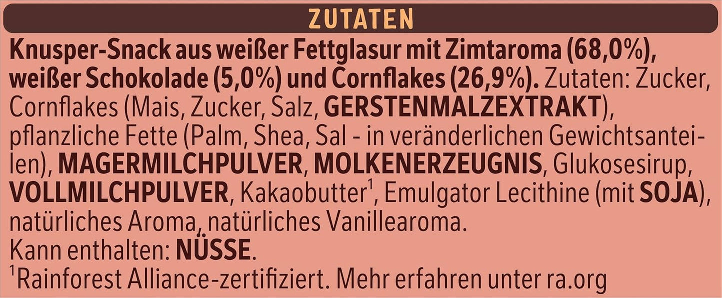Nestlé skořicové lehké křupavé vločky a křupavé mandle pokryté bílou polevou a skořicovou příchutí, která se rozpustí v ústech, balení po 4 kusech (2 x 75 g každý)