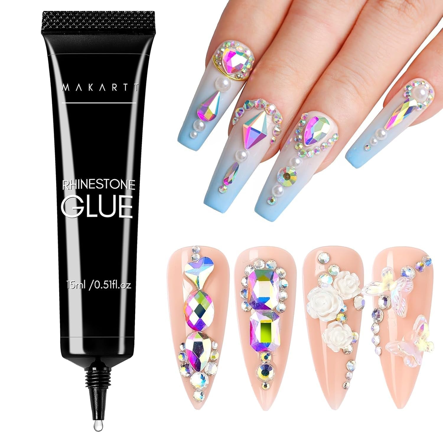 Makartt kamínkový adhezivní gel - 15ml sada UV lepidel na nehty s růžovými přívěsky na nehty Heart Circle šperky na nehty a příslušenství pro domácí manikúru dárek k Valentýnu
