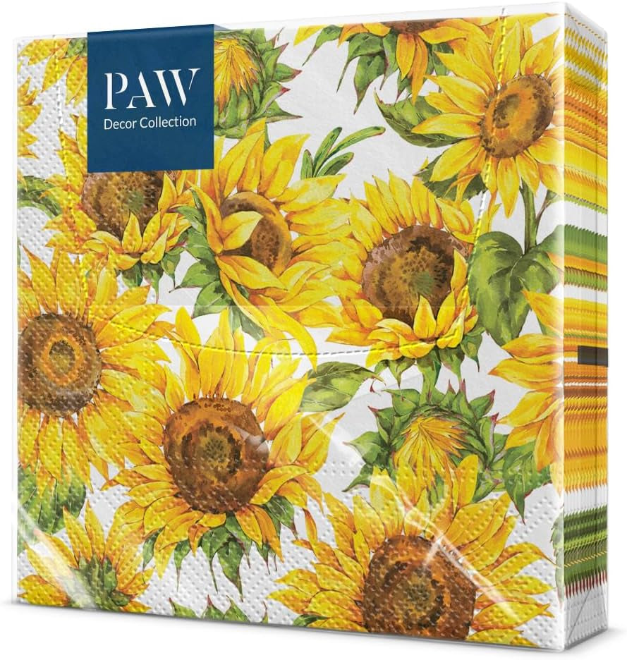 PAW - 3vrstvé ubrousky (33 X 33 cm) I 20 kusů I Ideální na narozeniny, večírky, rande I Podzimní dekorace na stůl I Barevné papírové ubrousky - Slunečnicové žluté lístky I Tančící slunečnice