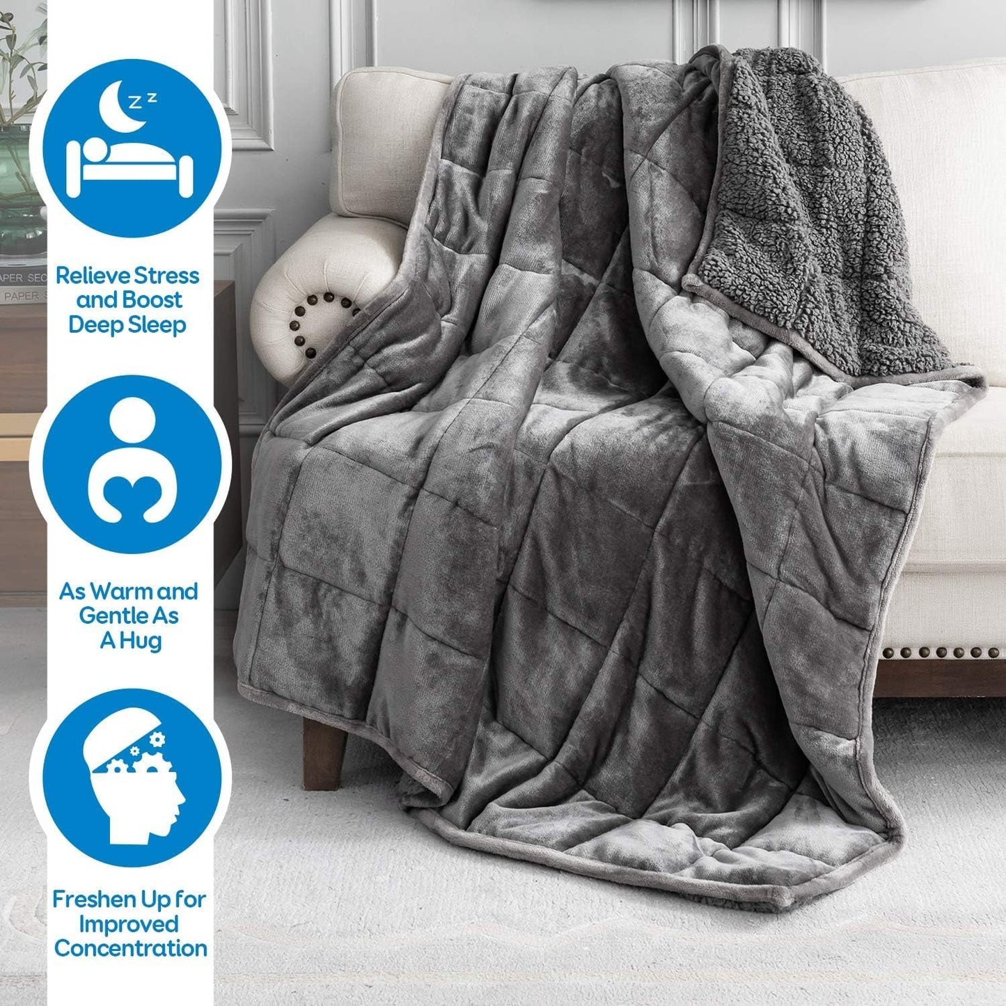 Bavlněná modrá vážená deka 6,8 kg Queen Size Flanelová huňatá Sherpa vážená deka pro dospělé Pohodlné vážené deky pro uklidnění a relaxaci Těžké přikrývky 152,4 X 203,2 Naty Shop Deky a deky