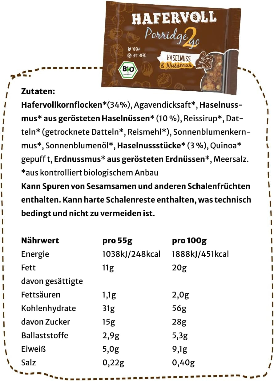 Hafervoll Porridge2go Arašídové máslo a ořechy, 13 tyčinek x 55 g – veganské, organické, bezlepkové, bez přidaného cukru přesnídávka, s ovesem, datlemi a quinoa cukrovinkami