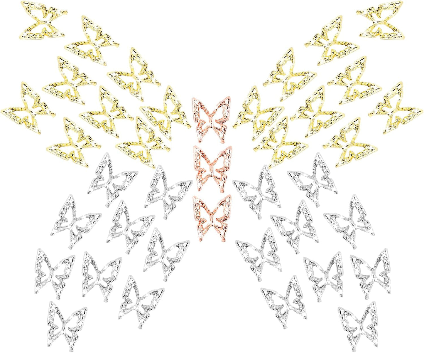 80ks 3D Butterfly nail Charms Alloy Butterfly Gold Silver Glitter Nail Art Dekorace Příslušenství na nehty DIY Manikúra pro ženy