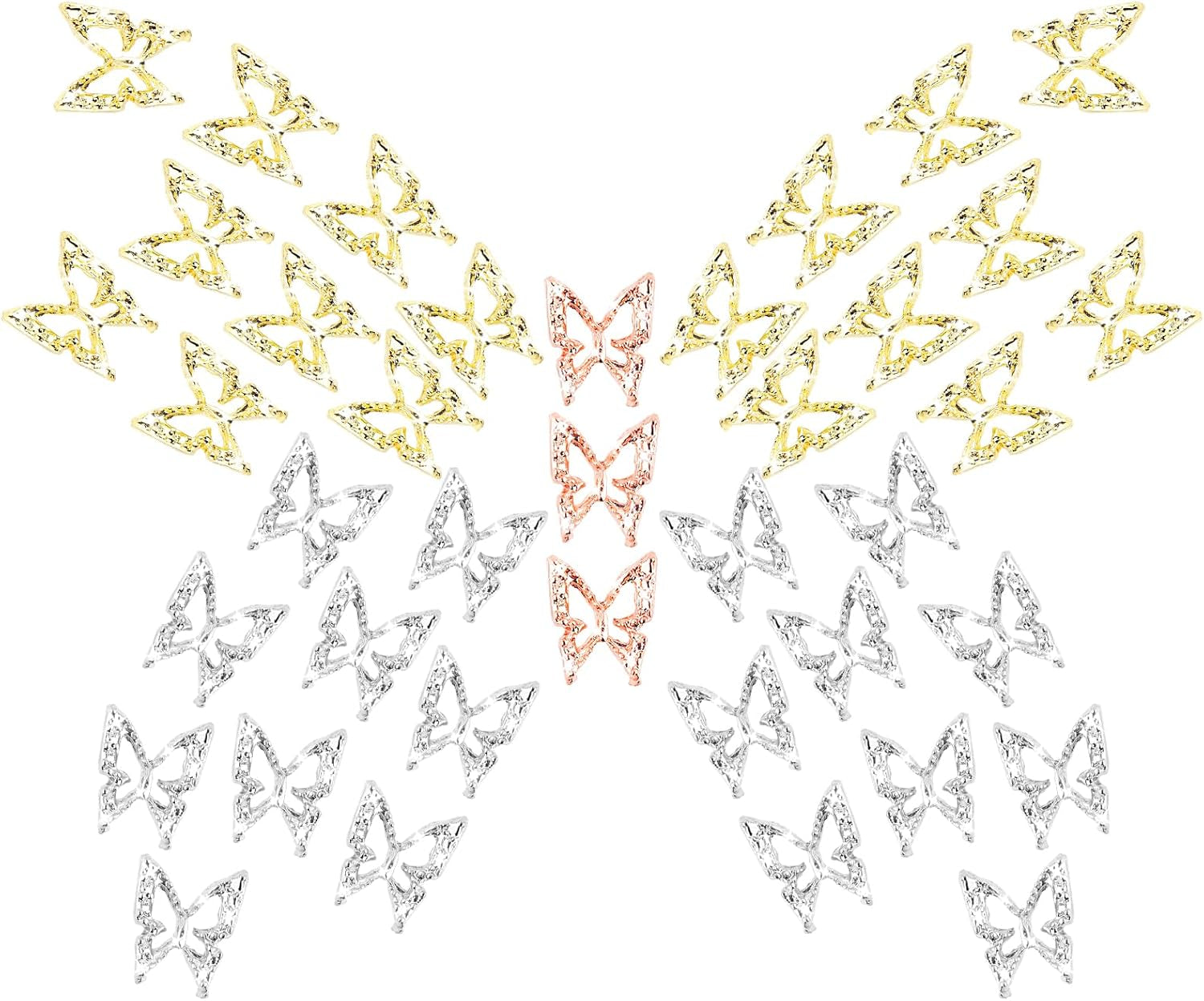80ks 3D Butterfly nail Charms Alloy Butterfly Gold Silver Glitter Nail Art Dekorace Příslušenství na nehty DIY Manikúra pro ženy
