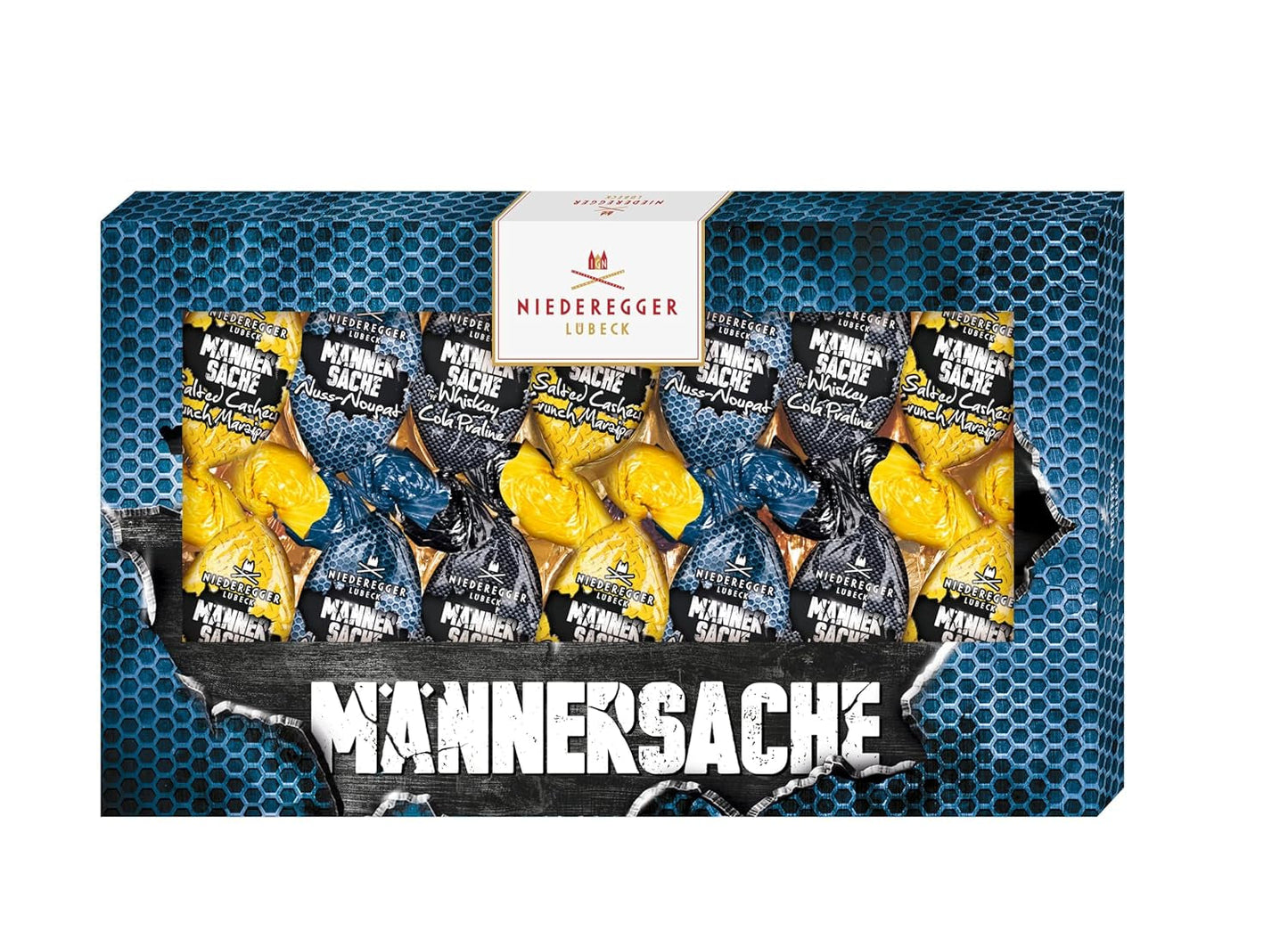 Niederegger | Velikonoční dárek | Pro muže | 1 x 175 g | Odrůdy: Whisky a kolová pralinka, lískooříškový nugát, solené kešu křupavé marcipán | Polévaný v mléčné čokoládě | Velikonoční vajíčka | velikonoční dárek