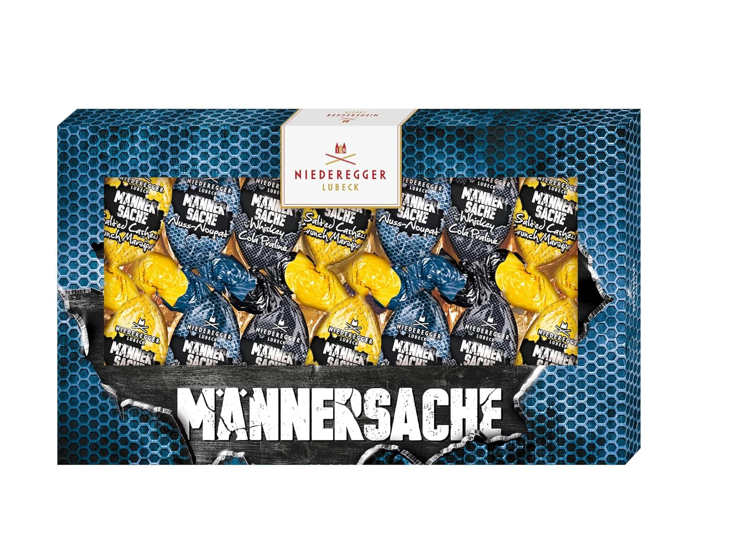 Niederegger | Velikonoční dárek | Pro muže | 1 x 175 g | Odrůdy: Whisky a kolová pralinka, lískooříškový nugát, solené kešu křupavé marcipán | Polévaný v mléčné čokoládě | Velikonoční vajíčka | velikonoční dárek