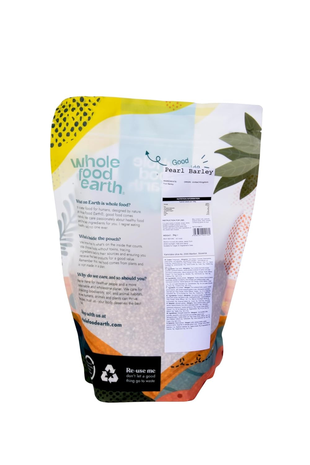 Wholefood Earth perličkový ječmen - bez GMO - vegan - bez mléka - bez přidaného cukru, 2 kg