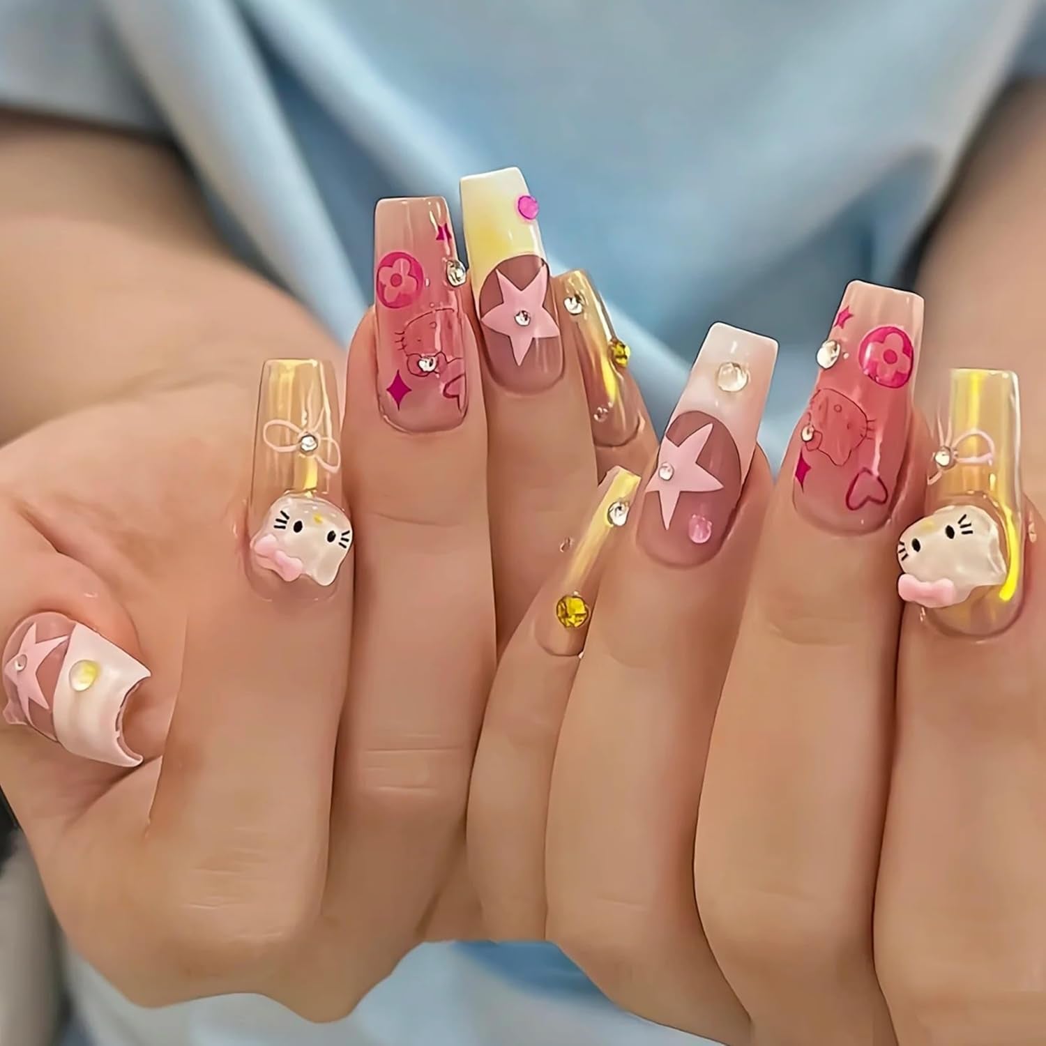 3D nálepky na nehty pro kočky, třpytky na nehty, flitry, pryskyřicové nálepky na nehty, drahokamy na nehty, diamanty pro nail art, včetně voskové tyčinky s drahokamy (barevná kočka)