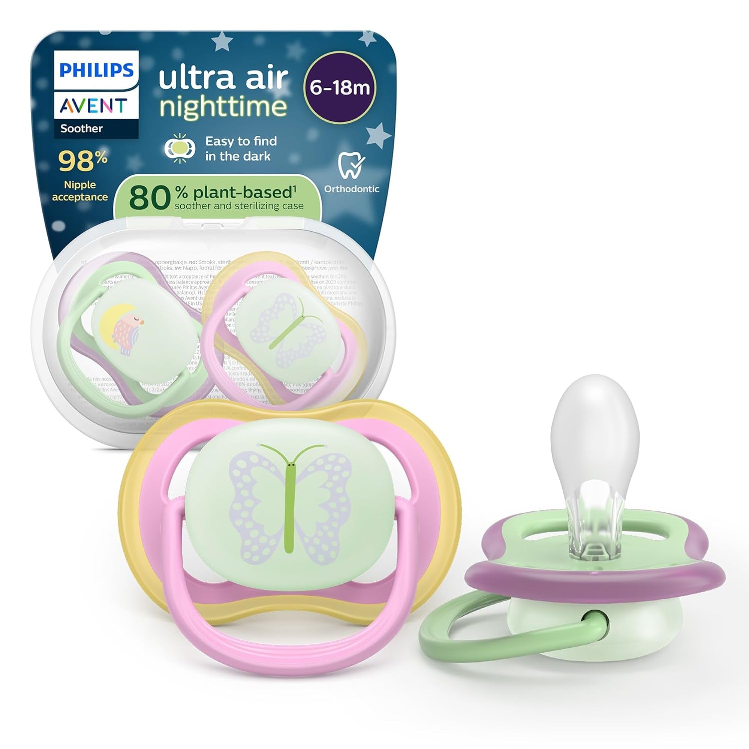 Dudlíky Philips AVENT ultra air - balení 4ks prodyšných dudlíků bez BPA pro miminka 6-18 měsíců, včetně pouzdra na přenášení a sterilizace, vzor želva/velryba (model SCF085/66)