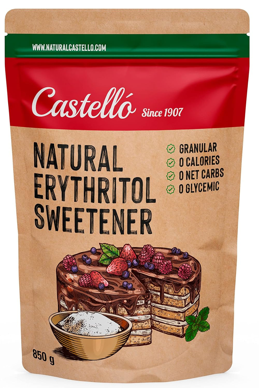 Natürliches Erythrit - Kristallzucker | 10G = 7G Zucker | Natürlicher Zuckerersatz - 0 kalorií - 0 Glykämischer Index - Keto Und Paleo - 0 Netto-Kohlenhydrát - Kein GVO - Castello od roku 1907-1 kg Sladidla Naty Shop 850 G (1Er Pack)