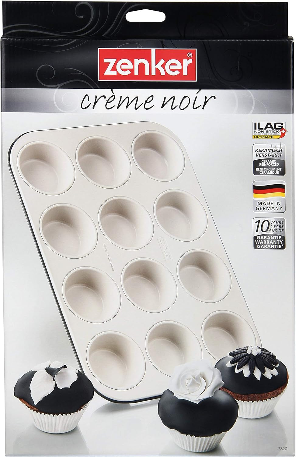 Zenker 12 muffinů, průměr Ø 7 cm CREME NOIR, Plech na muffiny s nepřilnavým povrchem vyztužený keramikou Formy a plechy Naty Shop