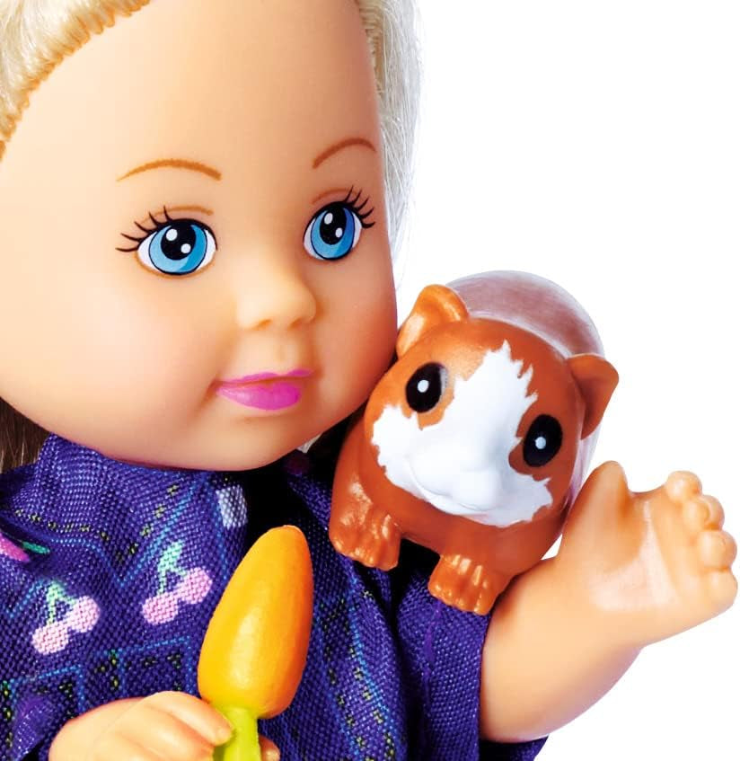 Hrací panenka Simba Evi Love Morčata se dvěma morčaty a domečkem, láhev na vodu a mrkev, 12 cm, věk 3+