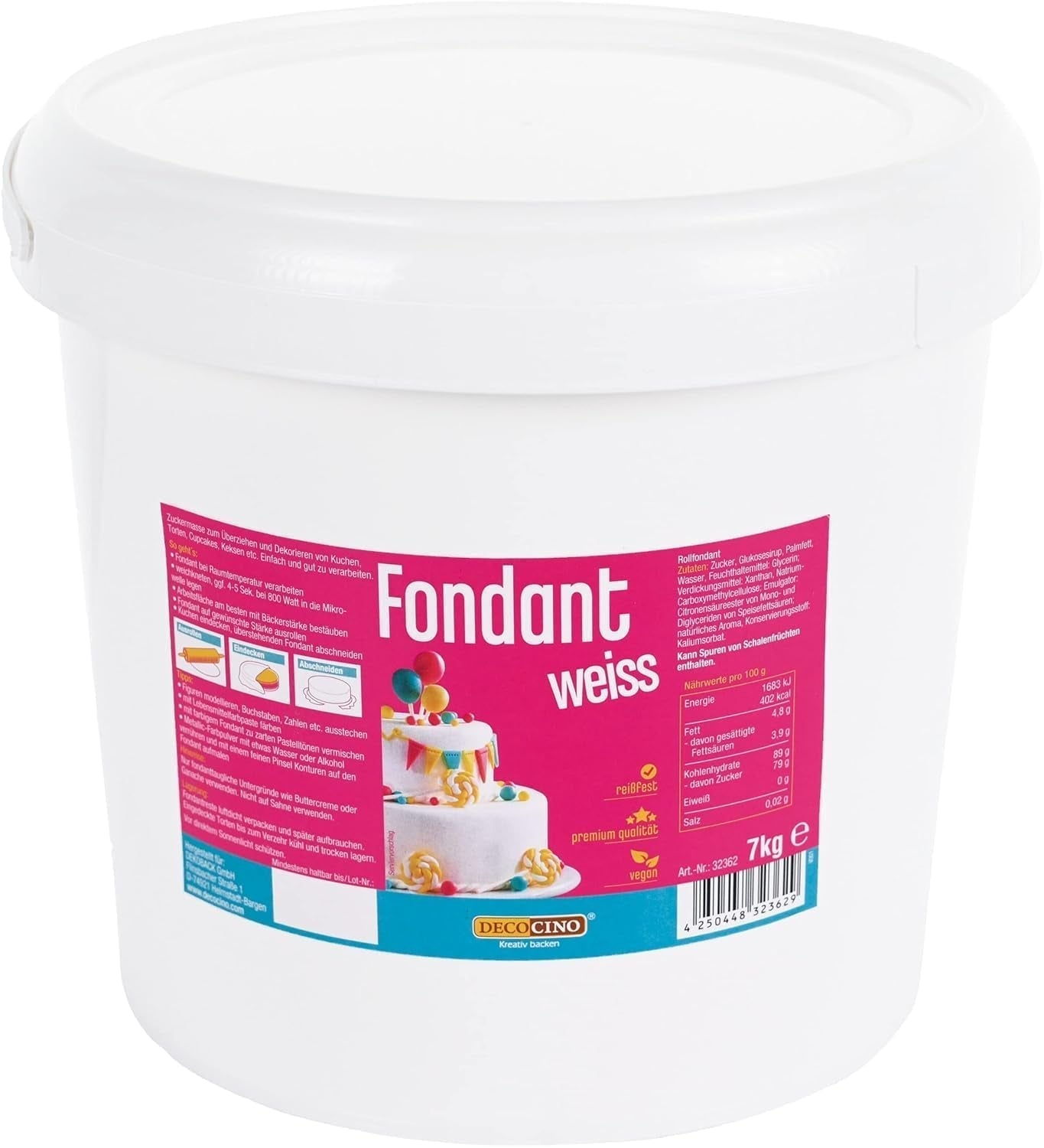 DECOCINO bílý fondán - hodnotné balení 7 kilogramů - ideální na zdobení dortů, dortů, cake pops - veganské a bezlaktózové Naty Shop Cukrová pasta 7 kg