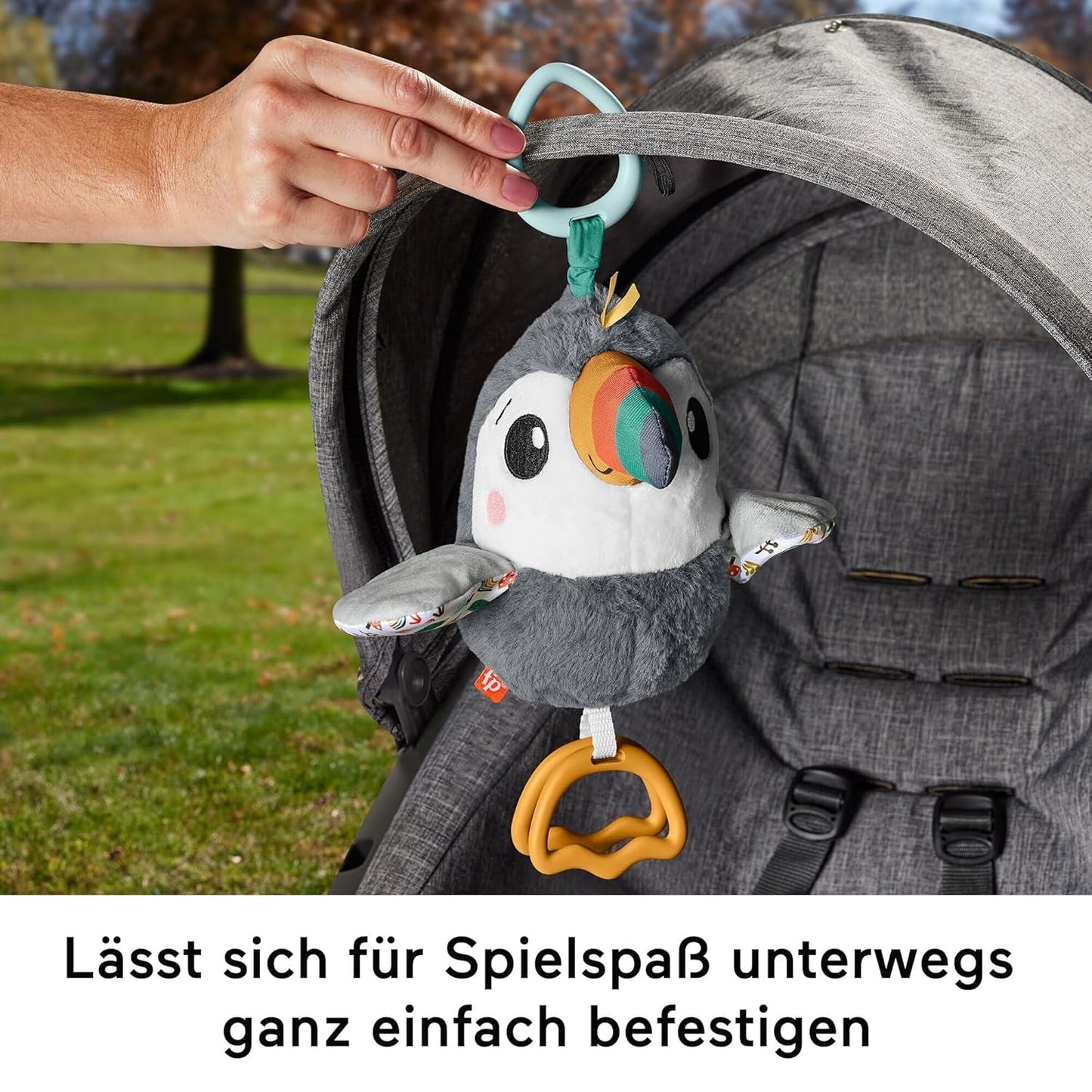 FISHER-PRICE Flap & Go Toucan - Plyšová hračka do kočárku podporuje jemné motorické a smyslové dovednosti u novorozenců od narození HNX66 Baby Toys Naty Shop