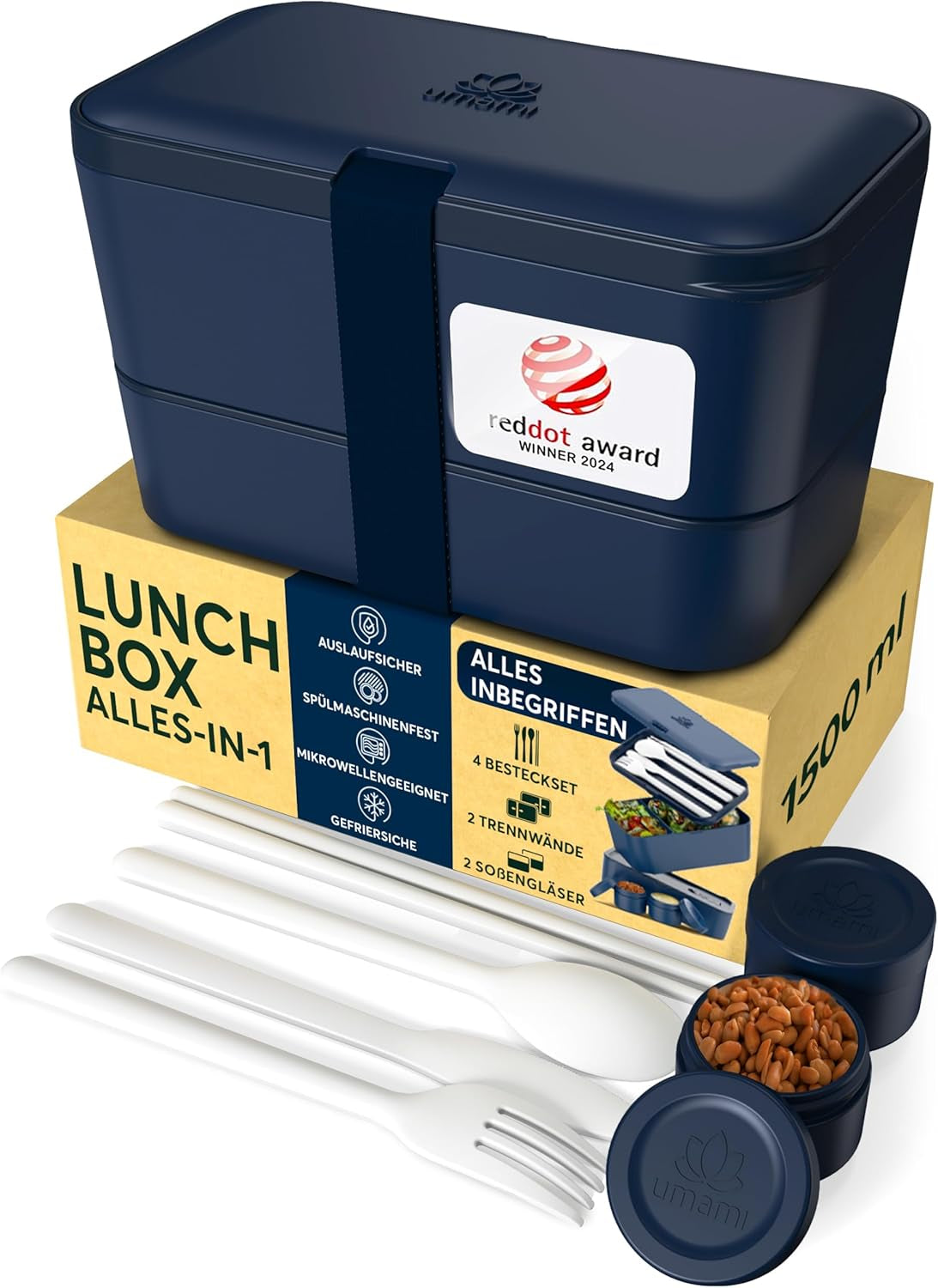 Umami Lunch Box pro dospělé, Netěsný stohovatelný Bento Box se 4 příbory a přihrádkami, Box na oběd pro dospělé, To-Go Zásobník na salát, Piknik / Kancelář Lunch Box, Charcoal Grey, 1500 ml