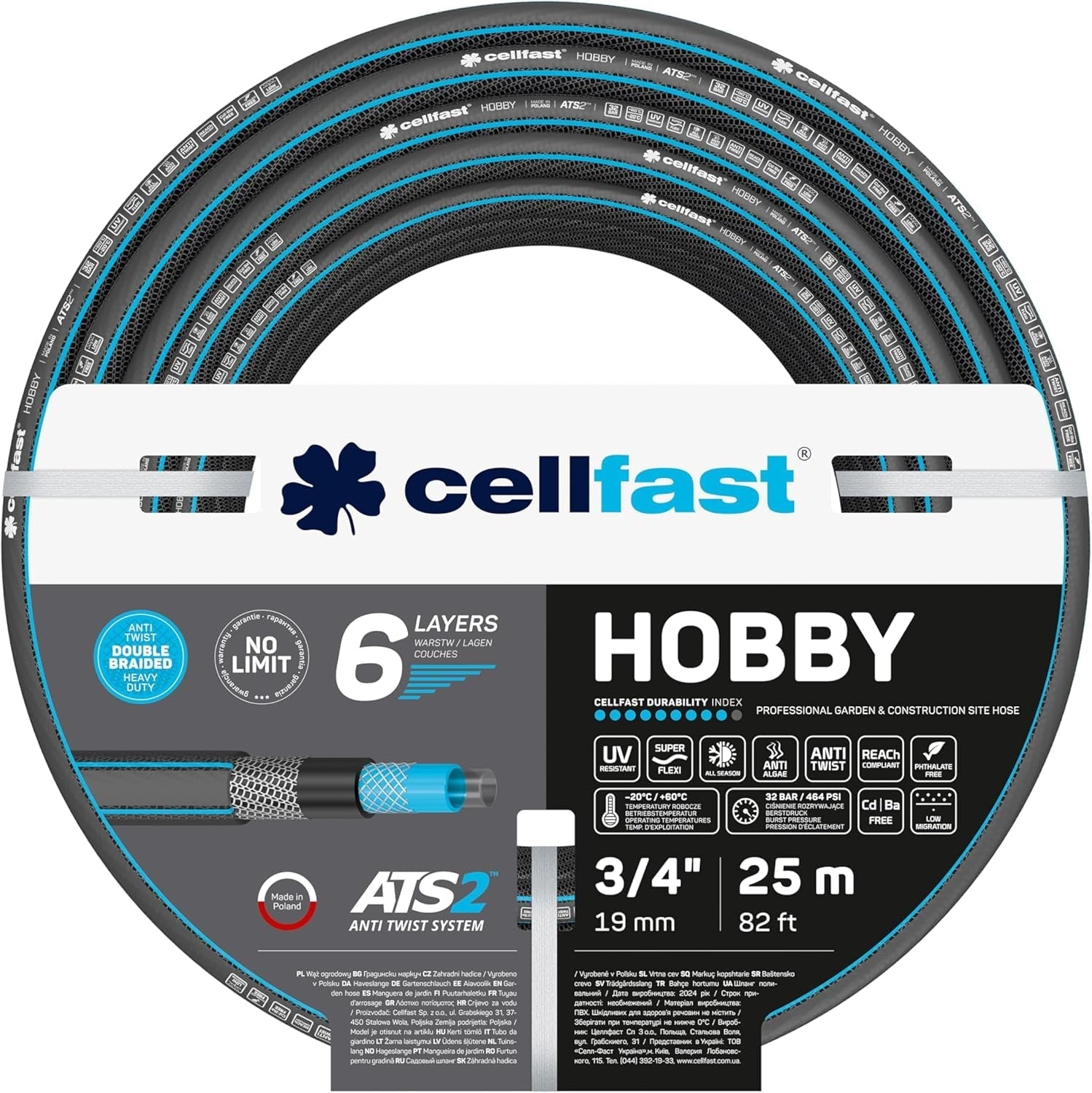 Zahradní hadice CELLFAST 6vrstvá vodní hadice Dvojitá zavlažovací hadice z tkaniny odolná proti UV záření a řasám Flexibilní hadice 32 barů 1 palec 25 metrů Hobby