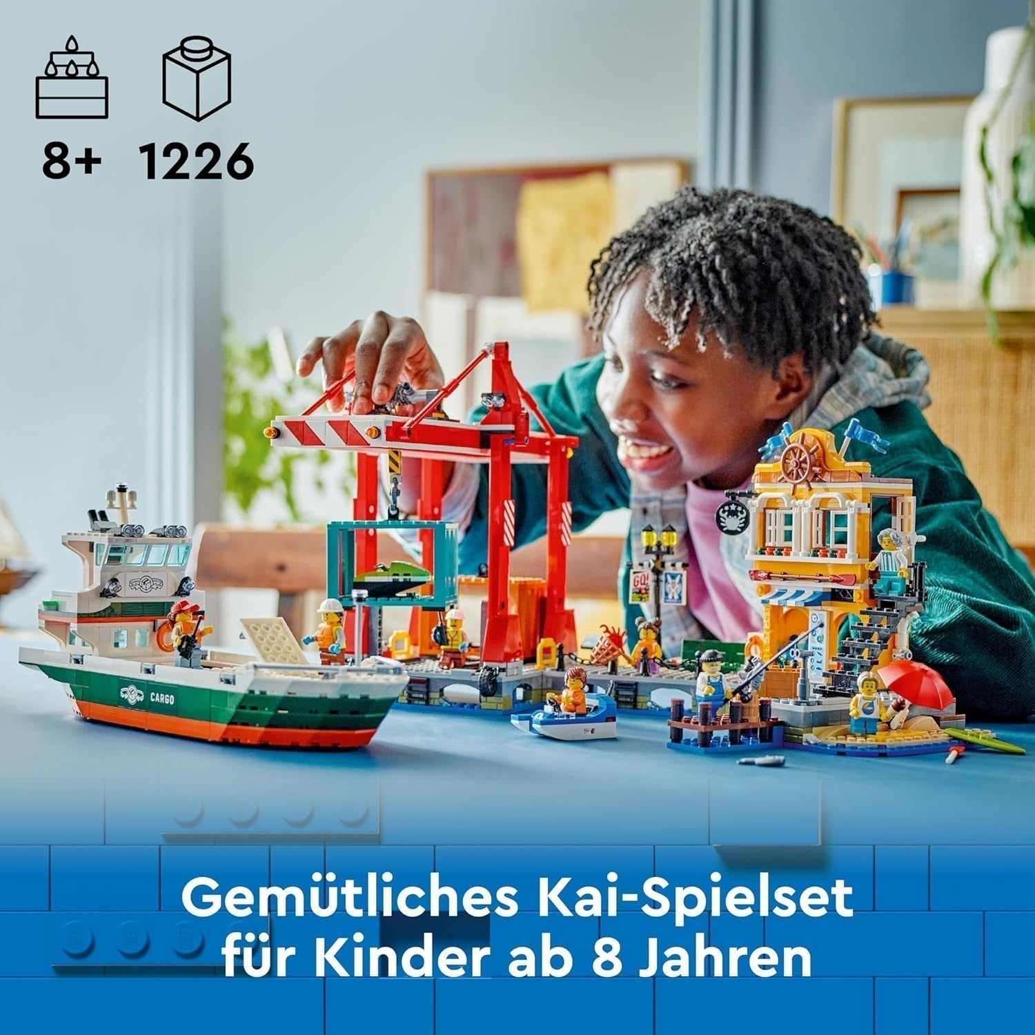 LEGO City přístav s nákladní lodí, stavebnice pro chlapce a dívky od 8 let, tip na dárek pro děti, kontejnerový jeřáb, loď na hraní a 8 minifigurek 60422 Stavebnice Besuche den LEGO-Store