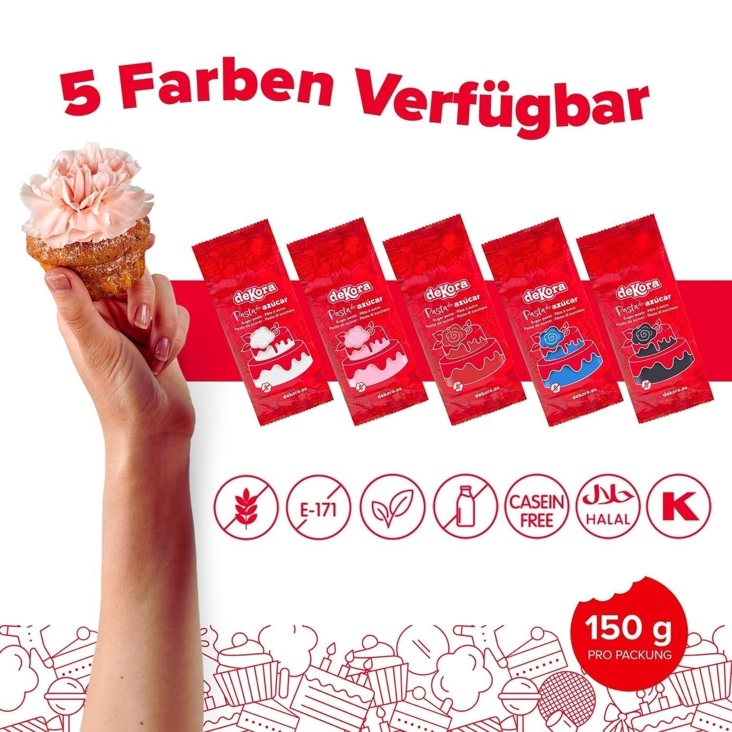 Dekora - Fondant z bílé cukrové pasty 150 g - Perfektní na dorty a ozdoby na pečení - Bez lepku a laktózy - Vanilková příchuť - Měkký, pružný a snadno tvarovatelný pro kreativní dekorace Naty Shop Sugarpaste
