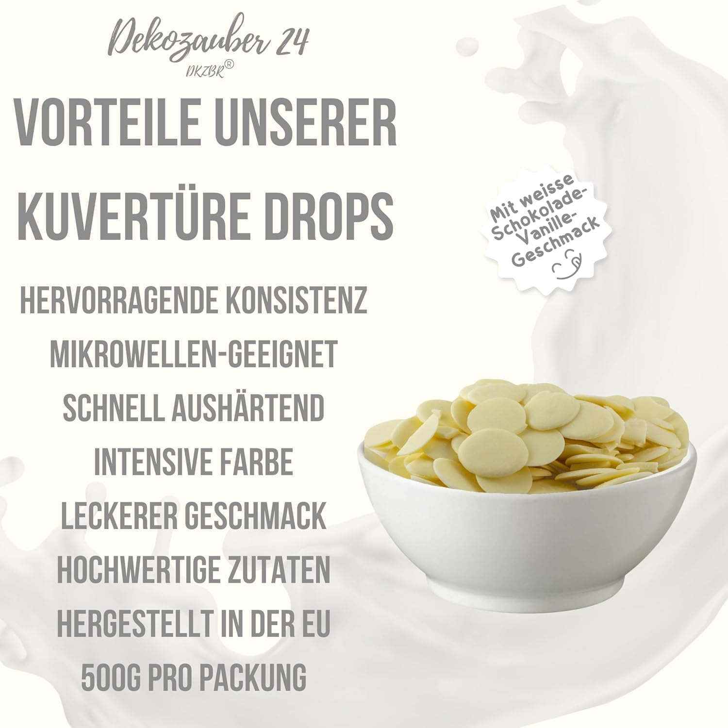 Dekozauber24 couverture drops, bílá, 500g, s příchutí bílé čokolády a vanilky, chipsy Deco Melts, vhodné do mikrovlnné trouby, na cake pops, dorty, dorty, dorty, pokapané nebo polevy Naty Shop Sugarpaste