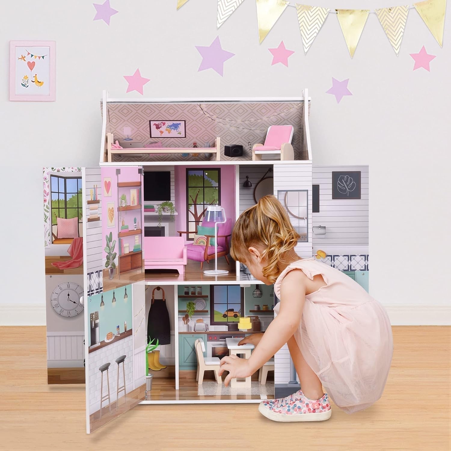 Olivia's Little World Dreamland Farmhouse Dětský interaktivní dřevěný domeček pro panenky 3 patra s 13 nábytkem pro panenky Bílá TD-13632A Domky pro panenky Naty Shop