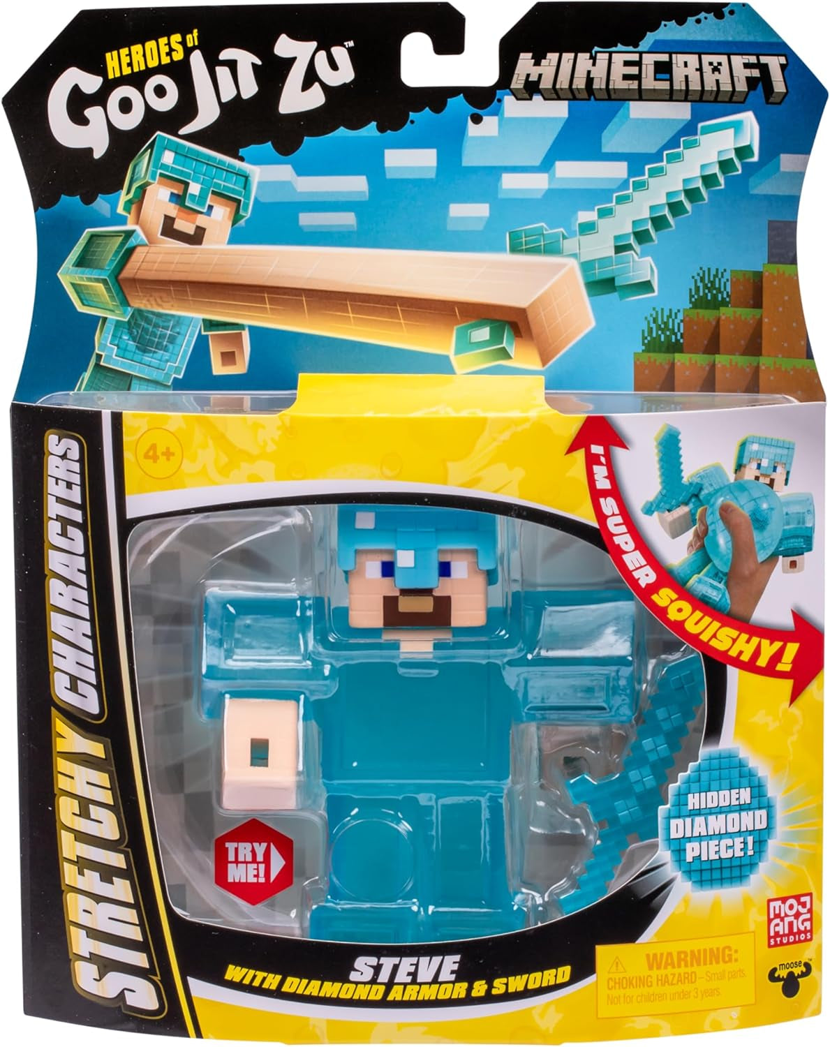 Heroes of Goo Jit Zu - Rozšiřitelná figurka Minecraftu - Steve s diamantovým brněním a mečem, super strečová Goo výplň se skrytým diamantovým prvkem uvnitř, rozšiřitelná na 3x velké akční figurky Naty Shop