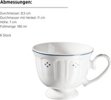 Mäser Lova Series 18dílný porcelánový kávový servis – 6 dezertních talířků (19,5 cm), 6 šálků (19 cl) a 6 podšálků (15,5 cm), modrá