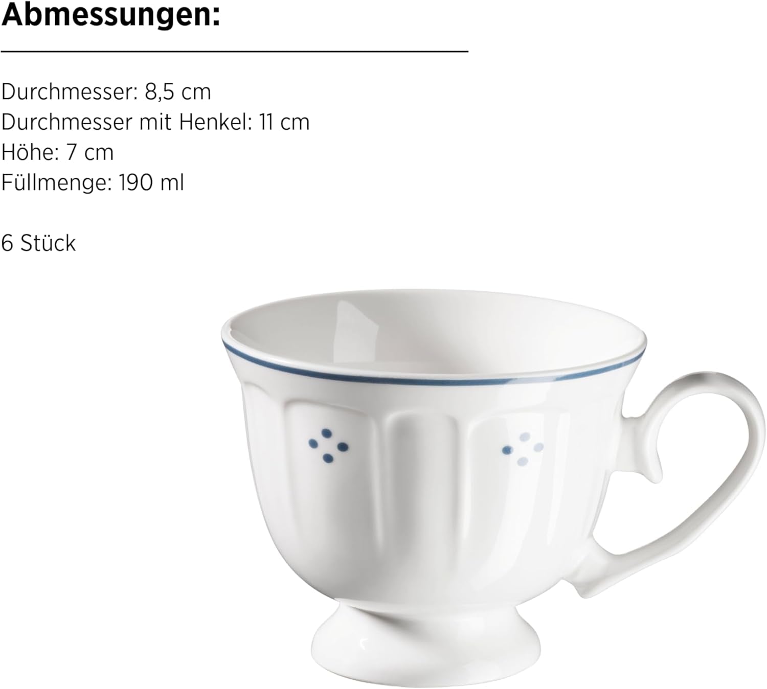 Mäser Lova Series 18dílný porcelánový kávový servis – 6 dezertních talířků (19,5 cm), 6 šálků (19 cl) a 6 podšálků (15,5 cm), modrá