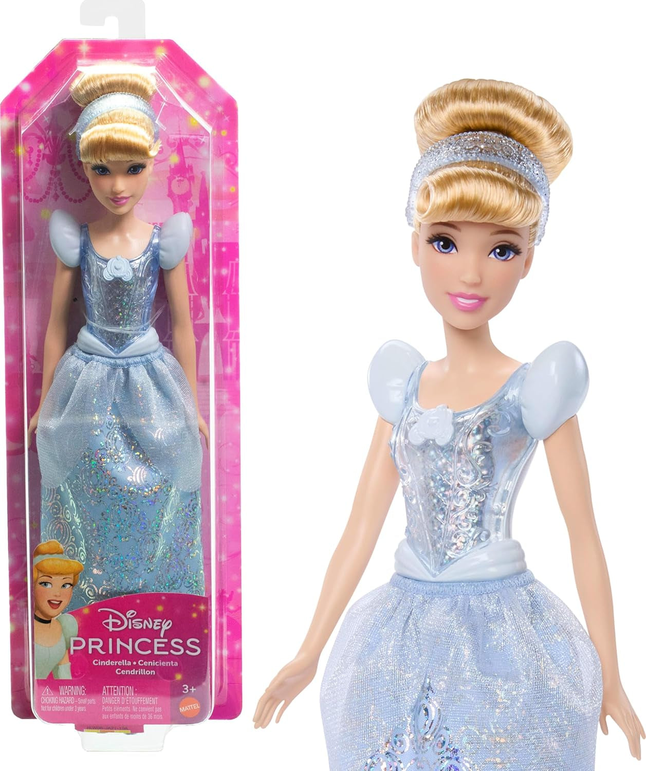 Mattel DISNEY Princezna Popelka - Kloubová panenka se třpytivým outfitem, odnímatelné boty a diadém, vyčesané vlasy pro zábavu při stylingu, pro děti od 3 let, HLW06