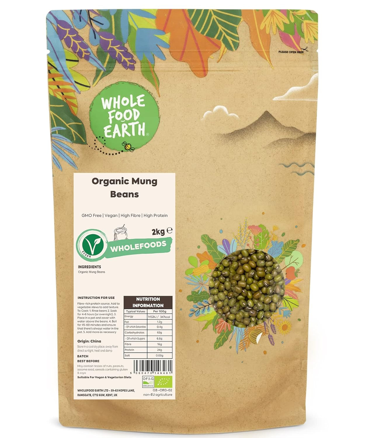 Celozrnné mungo fazole Earth Bio 2kg | Bez GMO | Vegan | Bohaté na vlákninu | Bohaté na bílkoviny | Certifikované organické