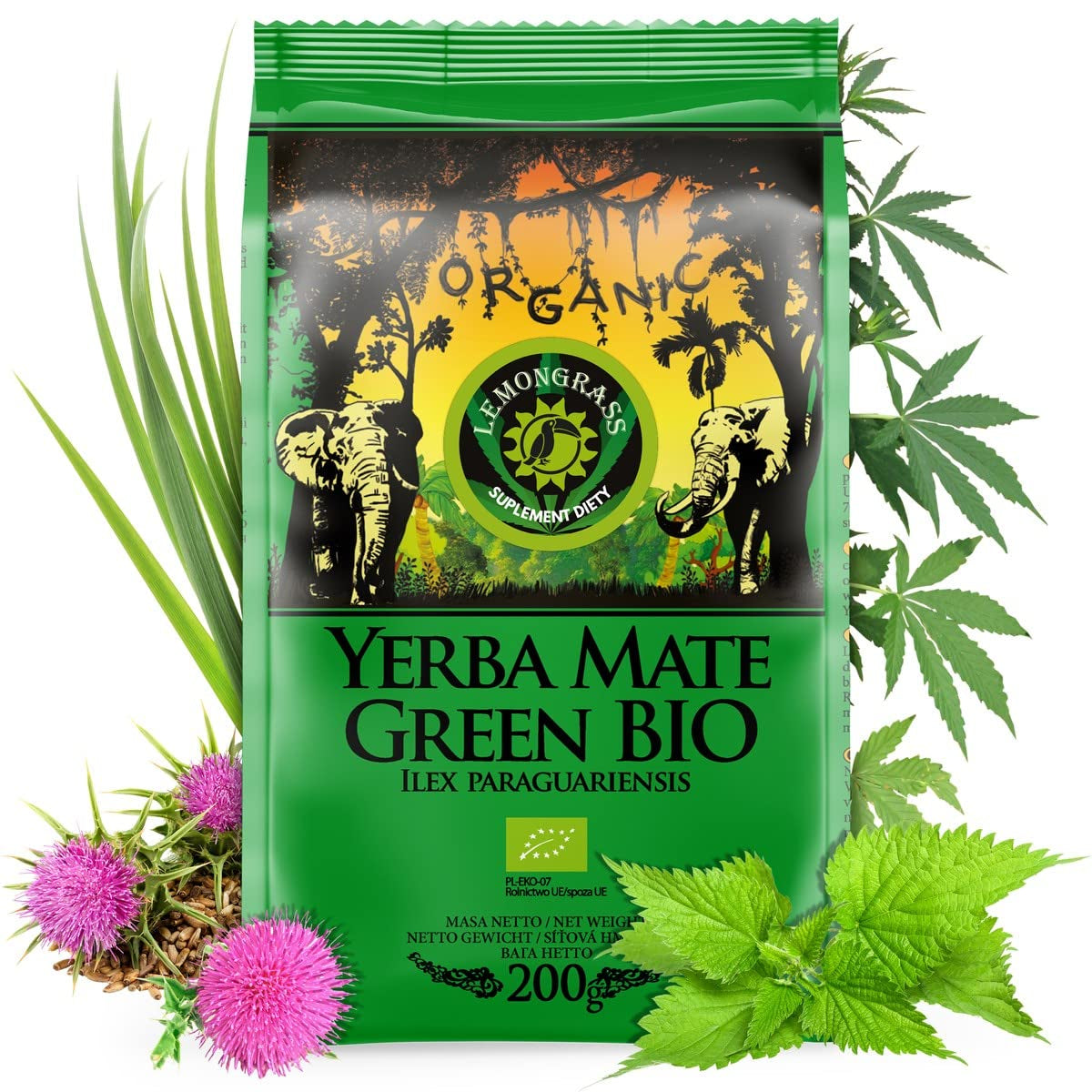 BIO Bio čaj maté ● čaj Yerba maté s citronovou trávou ● 200 g Čerstvý čaj brazilské maté ● Nepražený, sušený horkým vzduchem ● Pouze bio suroviny ● Sypaný zelený čaj