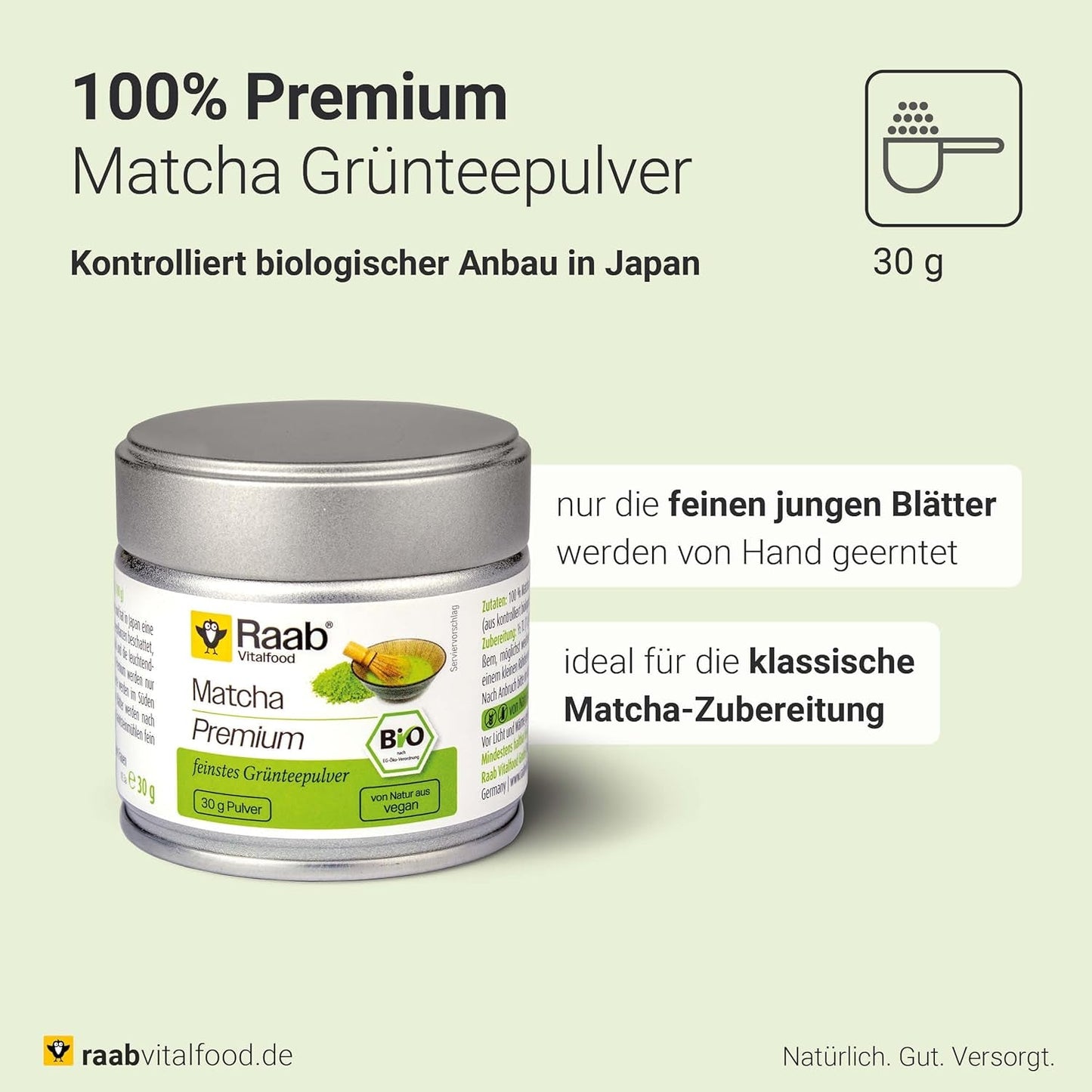 Raab Vitalfood® Premium Bio Matcha Powder (30g) - Originál z Japonska, čistý matcha prášek bez přísad, jemně mletý, jemně hořká chuť, prášek ze zeleného čaje, vegan, čajový obřad