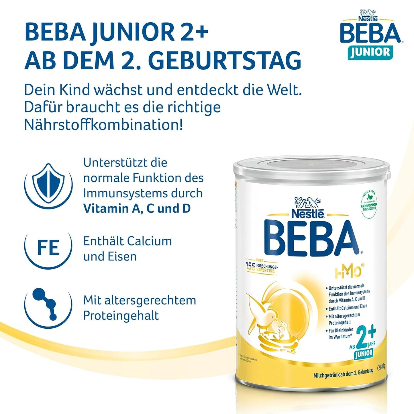 BEBA Junior 2+ mléčný nápoj od 2 let, S HMO, Obsah bílkovin odpovídající věku, Pouze laktóza, Bez palmového oleje, Bez rybího tuku, Výživa pro batolata, Sušené dětské mléko, Balení 3 ks (3 x 800 g)